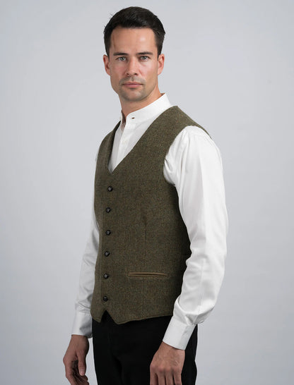 Moss Green Herringbone Tweed Waistcoat