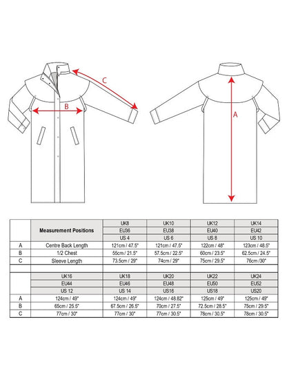 Donegal Ladies Waterproof Full Length Coat - Size Guide 