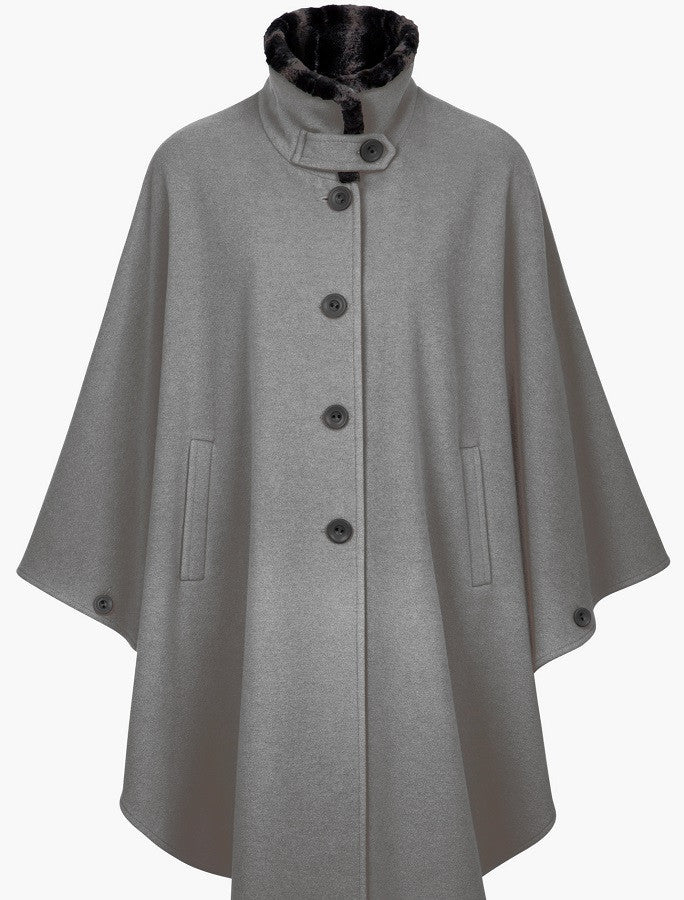 Cashmere Wool Cape With Faux Fur Collar - Middle Grey 