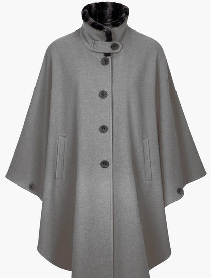 Cashmere Wool Cape With Faux Fur Collar - Middle Grey 