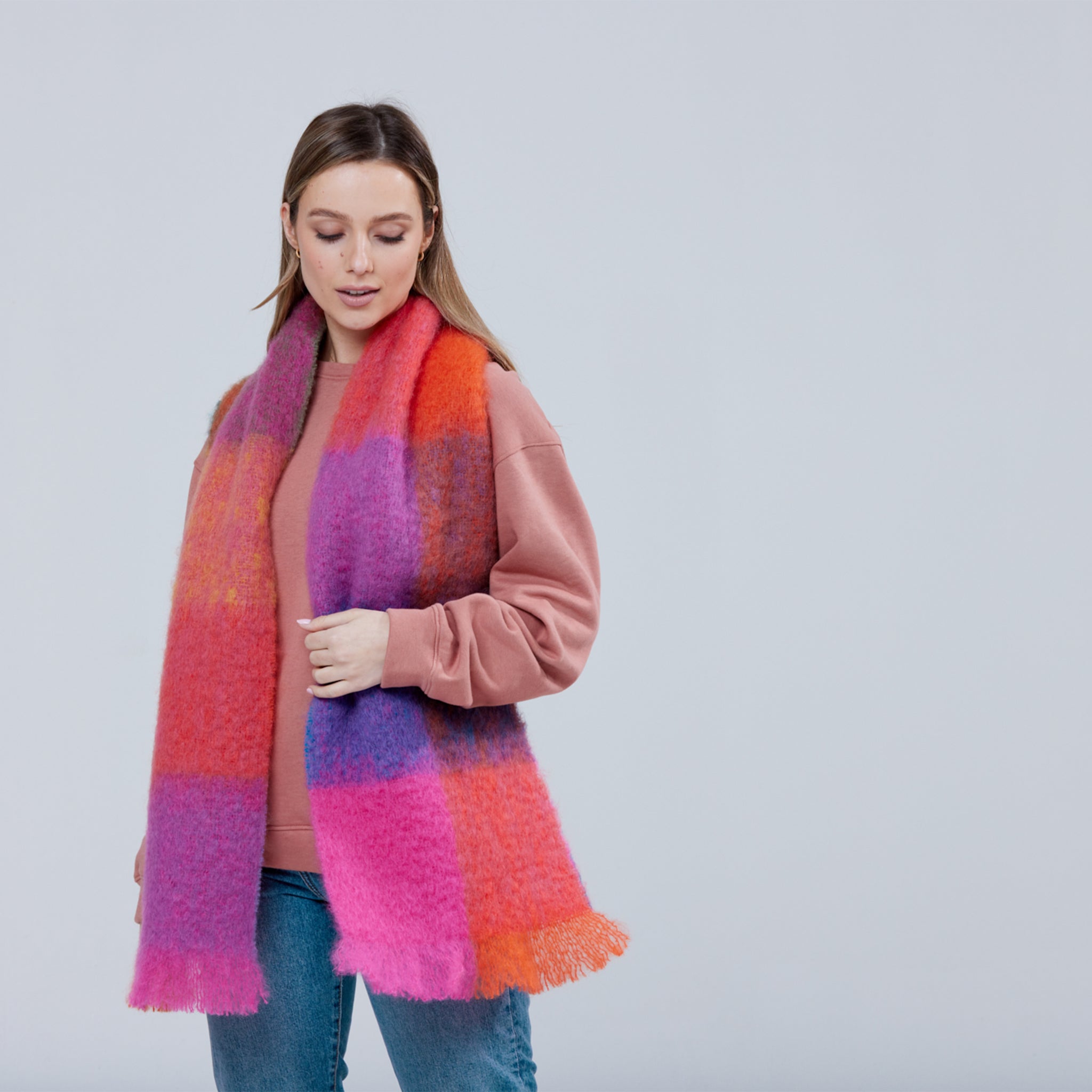 Giant Mohair Scarf - Gold/Blue Block | Foxford Woollen Mills