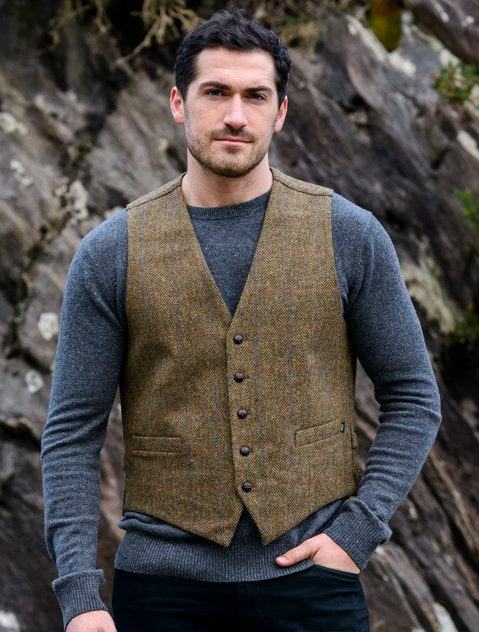 Irish Tweed Herringbone Waistcoat - Brown &amp; Blue/Red Check