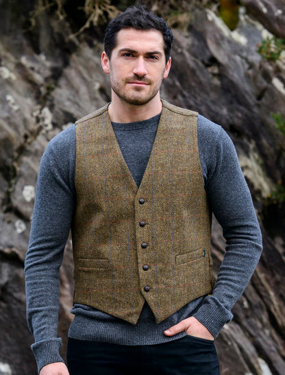 Irish Tweed Herringbone Waistcoat - Brown &amp; Blue/Red Check