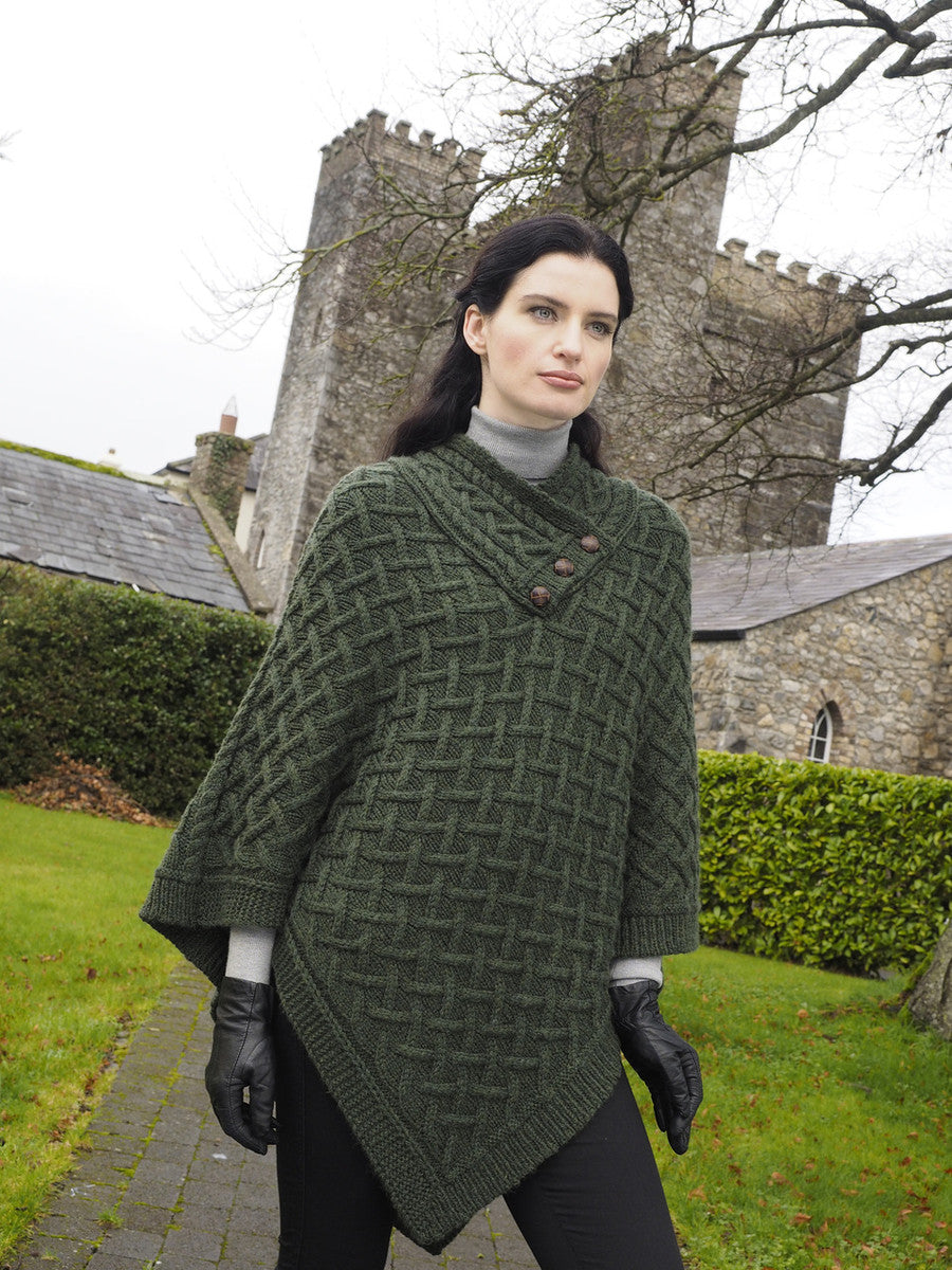 Super Soft Lattice Stitch Poncho - Green 