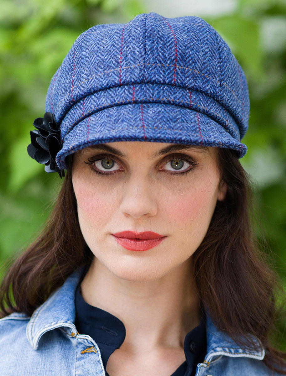 Ladies Tweed Newsboy Hat - Blue with Red