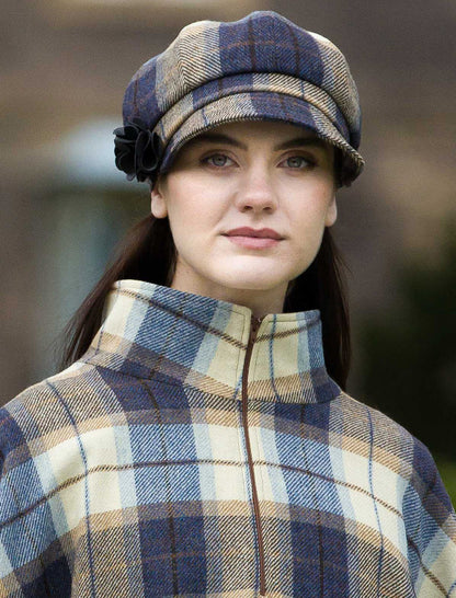 Ladies Newsboy Hat - Cream Navy Beige Plaid
