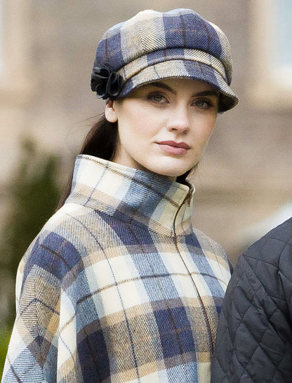 Ladies Newsboy Hat - Cream, Navy, Beige Plaid