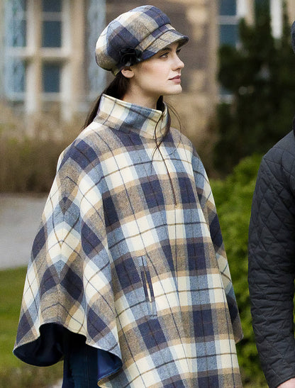 Ladies Newsboy Hat - Cream, Navy, Beige Plaid