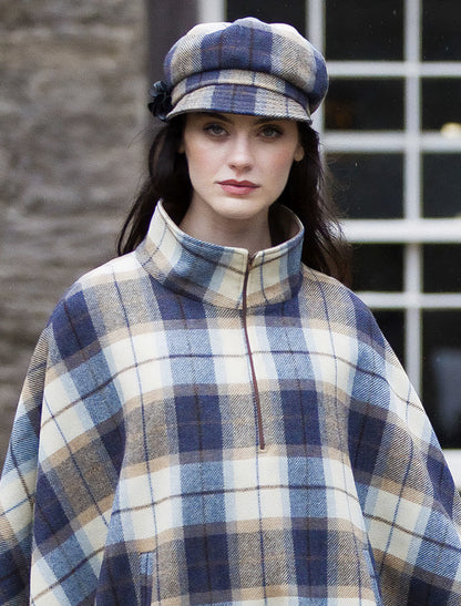 Ladies Newsboy Hat - Cream, Navy, Beige Plaid
