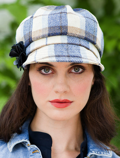 Ladies Newsboy Hat - Cream, Navy, Beige Plaid