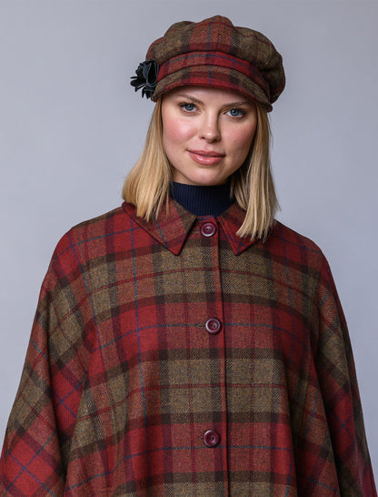Ladies Tweed Newsboy Hat - Red, Brown &amp; Grey