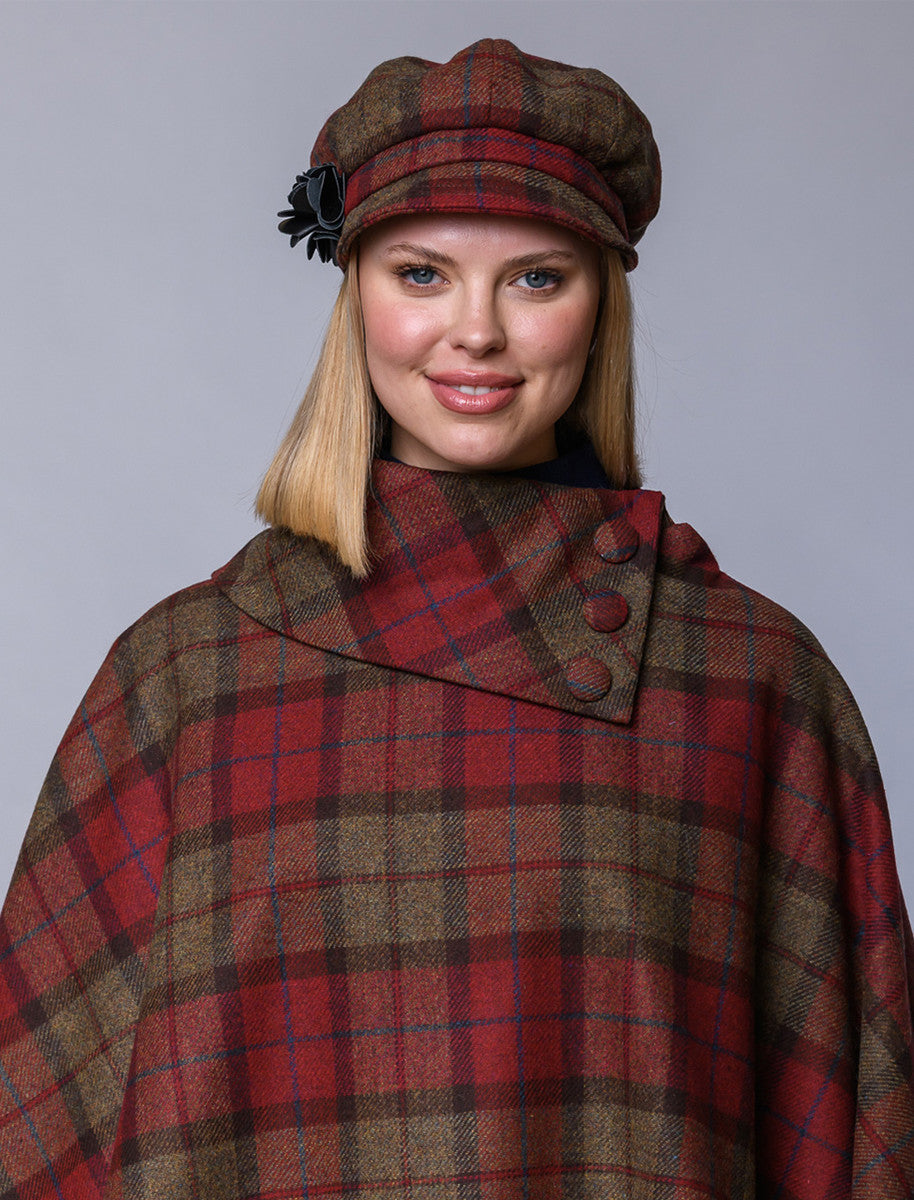 Ladies Tweed Newsboy Hat - Red, Brown &amp; Grey