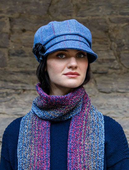 Ladies Tweed Newsboy Hat - Blue with Red