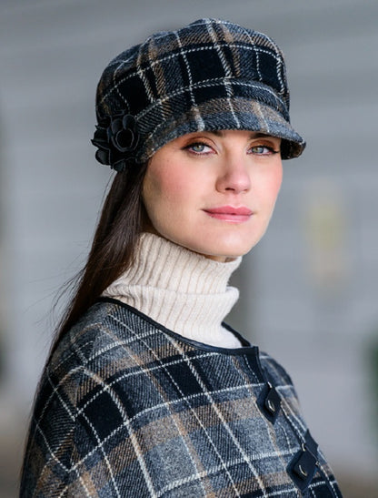 Ladies Tweed Newsboy Hat - Grey &amp; Black Plaid