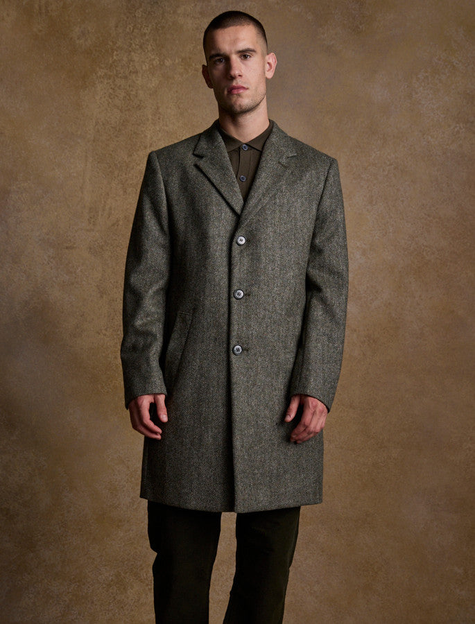 Owen Tweed 3/4 Coat - Olive Wide Herringbone 