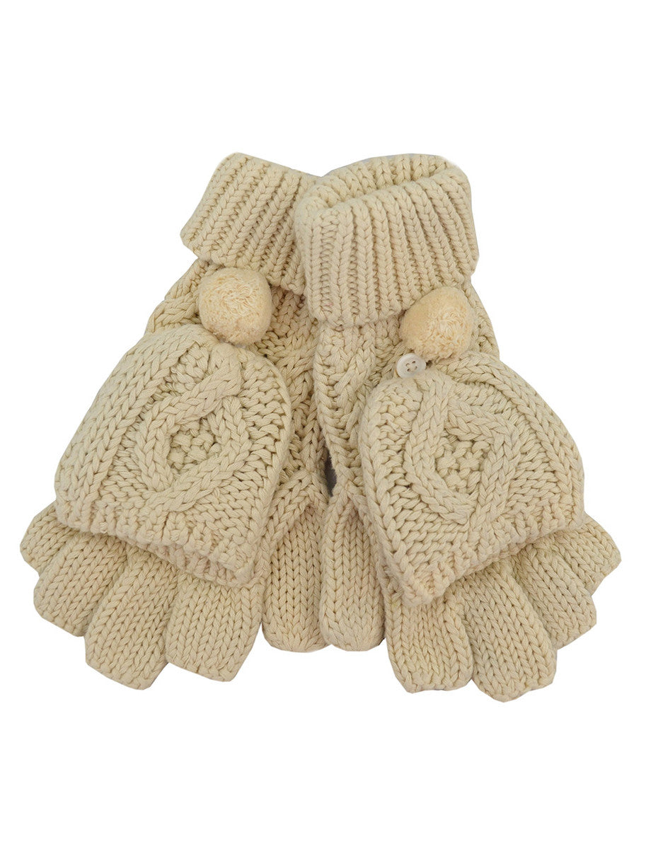 Chunky Aran Knit Pom Pom Mittens - Natural White 