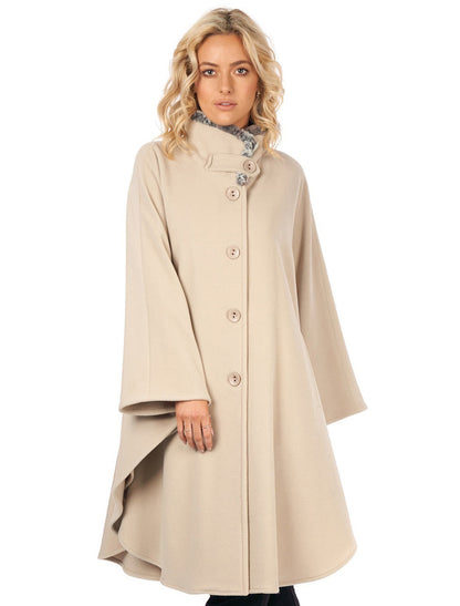 Cashmere Wool Cape With Faux Fur Collar - Cream 