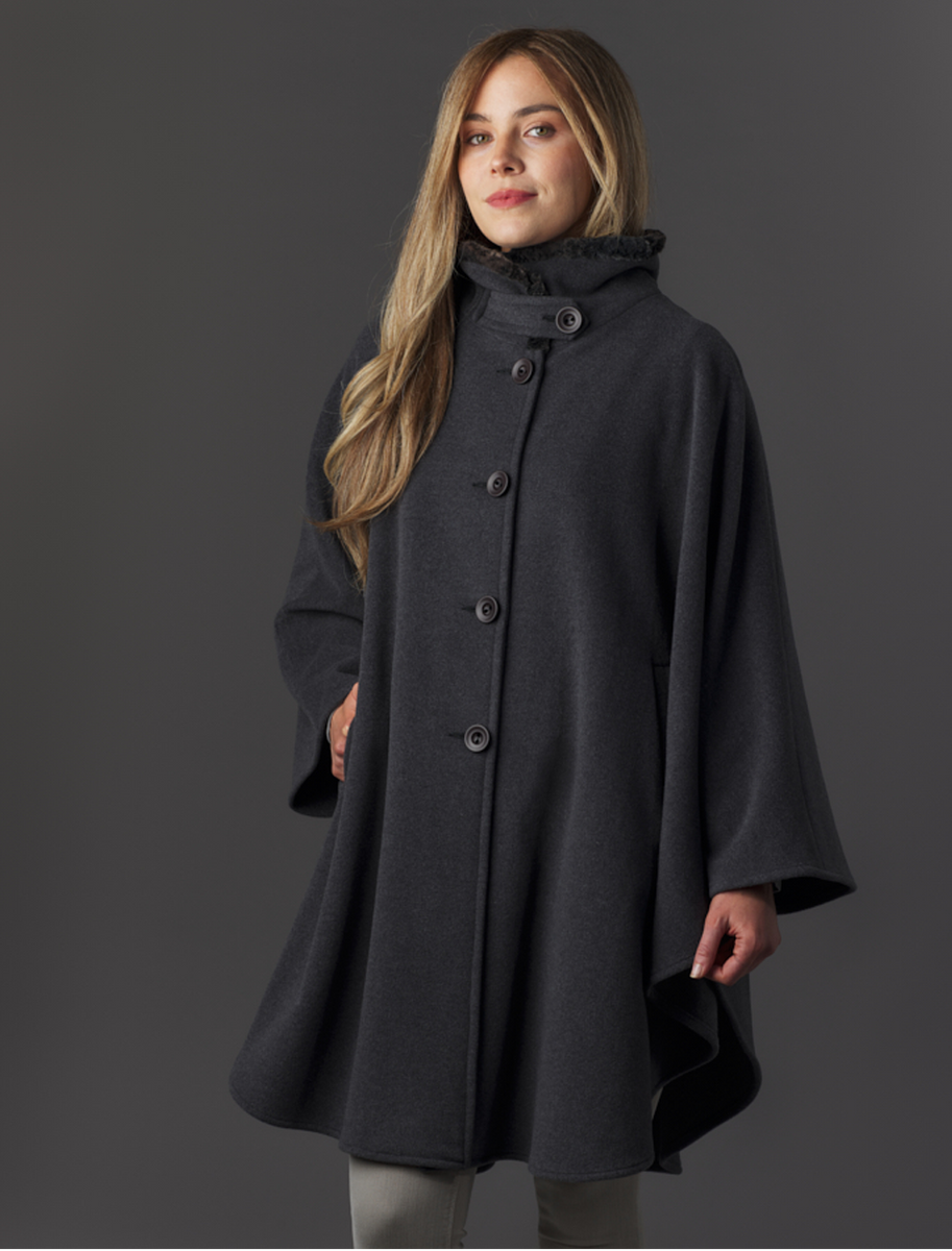Cashmere Wool Cape With Faux Fur Collar - Middle Grey 