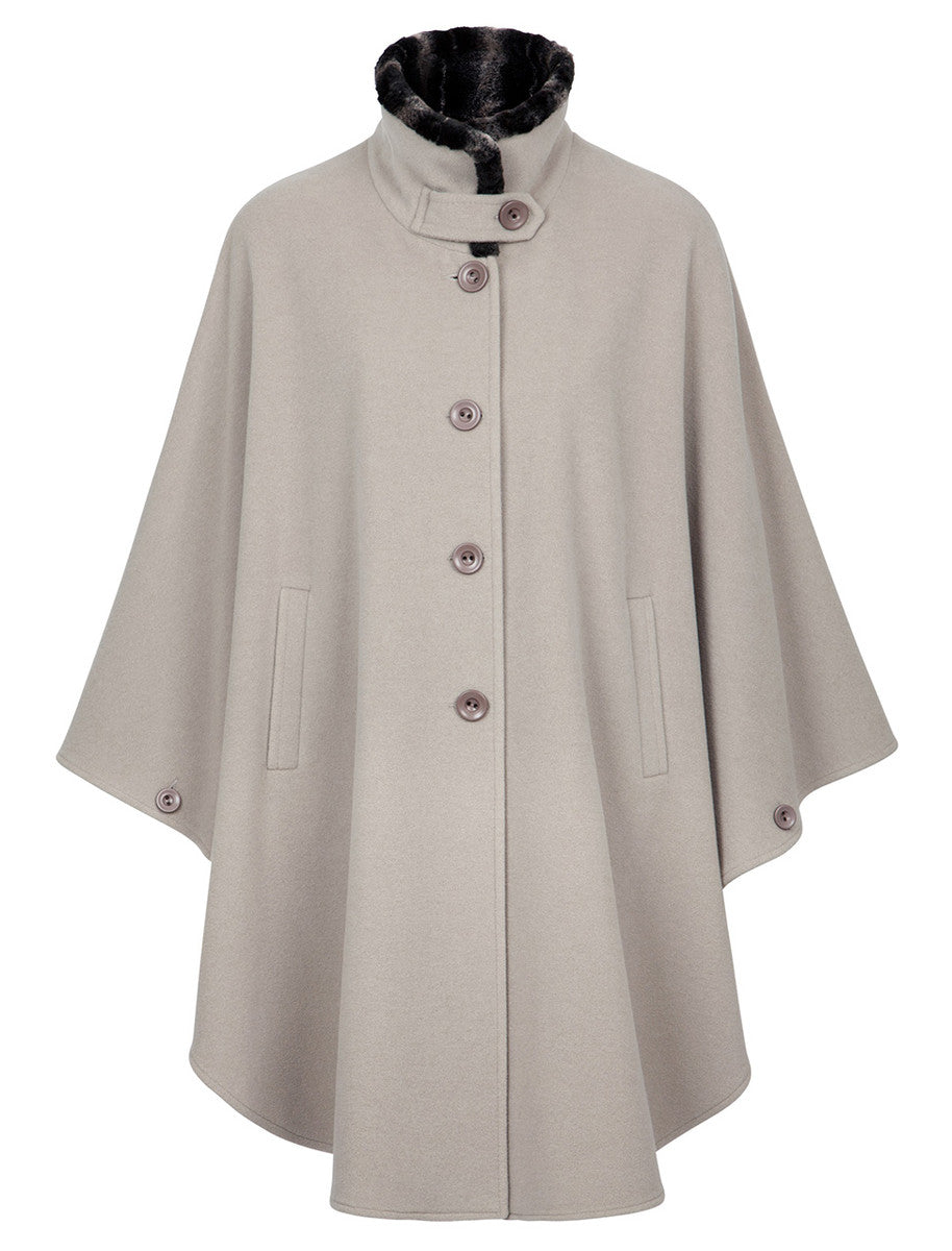 Cashmere Wool Cape With Faux Fur Collar - Stone 