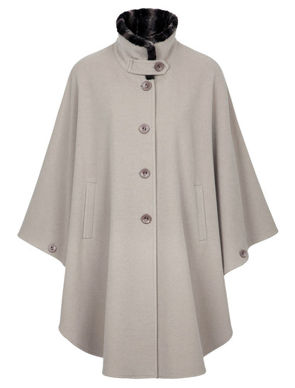 Cashmere Wool Cape With Faux Fur Collar - Stone 