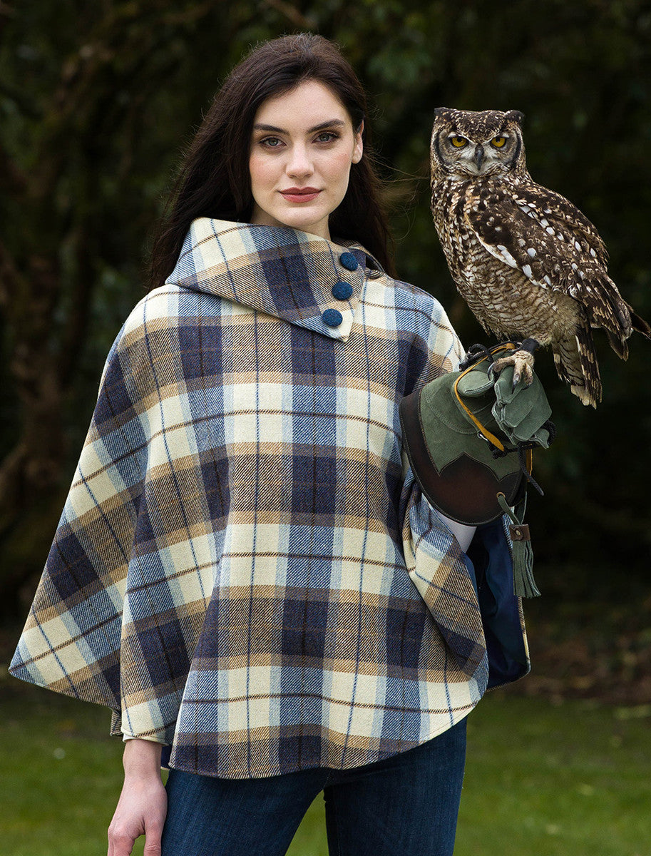 Mucros Tweed Poncho - Cream Navy &amp; Beige