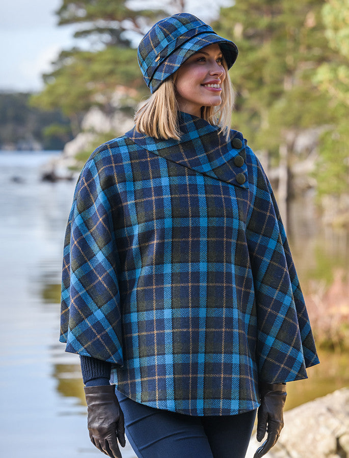Mucros Tweed Poncho - Green, Navy &amp; Blue
