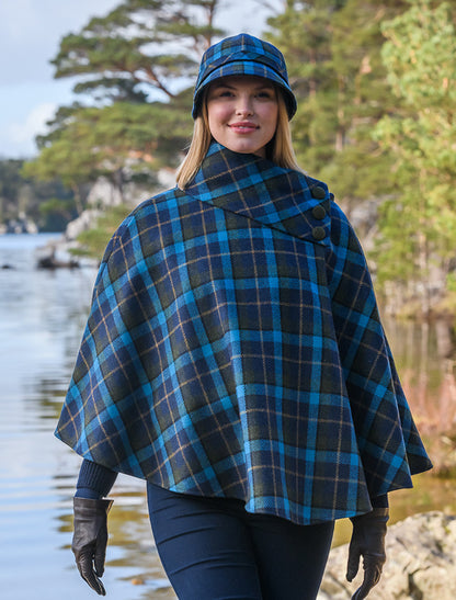 Mucros Tweed Poncho - Green, Navy &amp; Blue