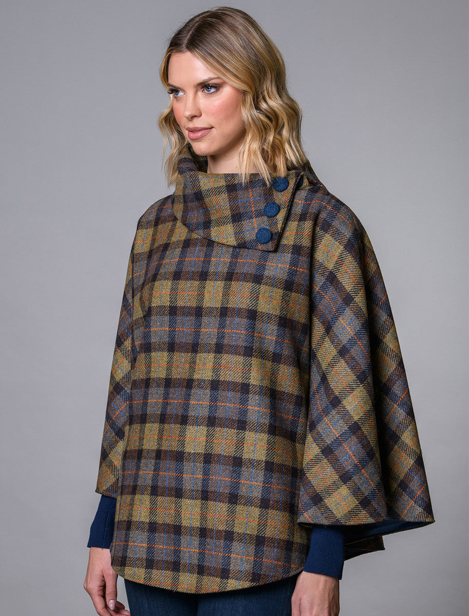 Mucros Tweed Poncho - Blue Mustard