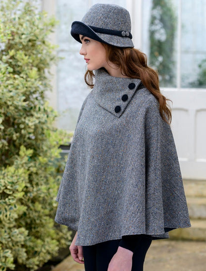 Mucros Tweed Poncho - Grey Herringbone