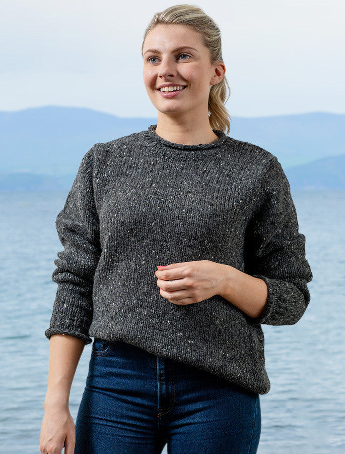 Roll Neck Sweater - Fisherman Sweater - Charcoal