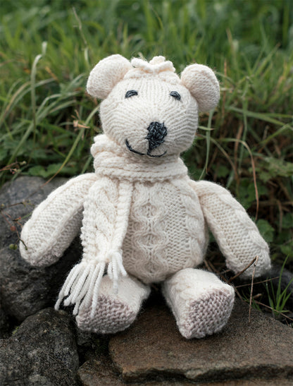 Aran Wool Teddy Bear with Scarf - White 