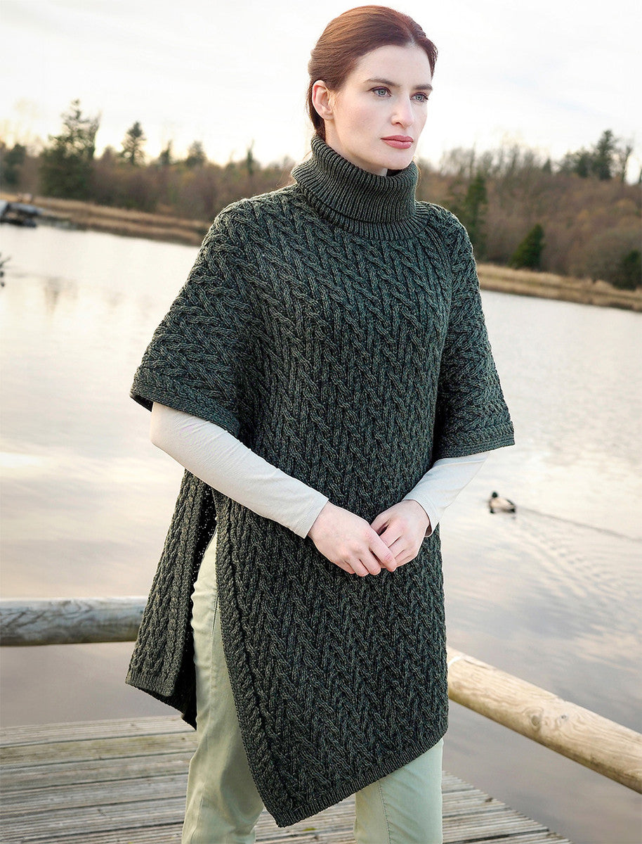 Ladies Merino Aran Roll Neck Poncho - Army Green 