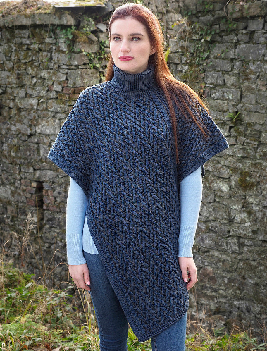 Ladies Merino Aran Roll Neck Poncho - Mallard 