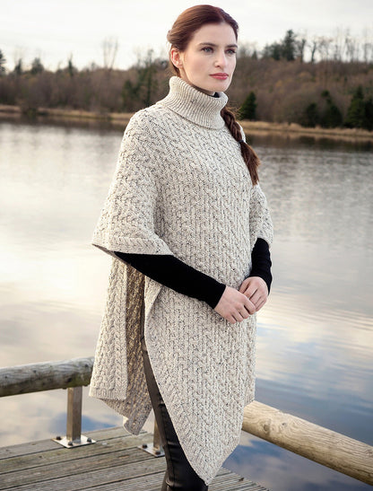 Ladies Merino Aran Roll Neck Poncho - Oatmeal 