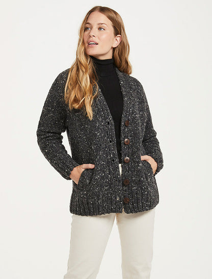 Ladies V-Neck Donegal Wool Cardigan - Charcoal 