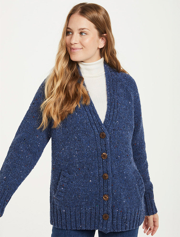 Ladies V-Neck Donegal Wool Cardigan - Denim 