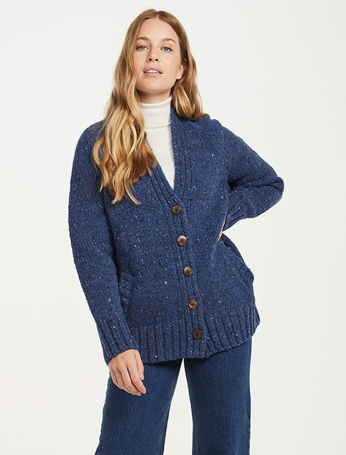 Ladies V-Neck Donegal Wool Cardigan - Denim 