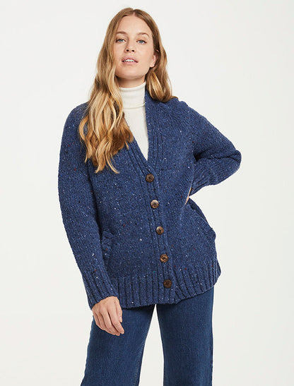 Ladies V-Neck Donegal Wool Cardigan - Denim 