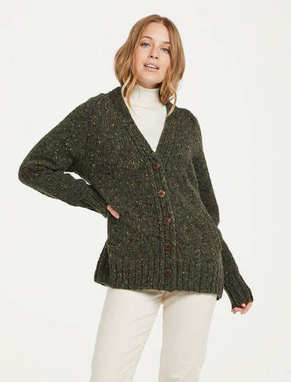 Ladies V-Neck Donegal Wool Cardigan - Green 