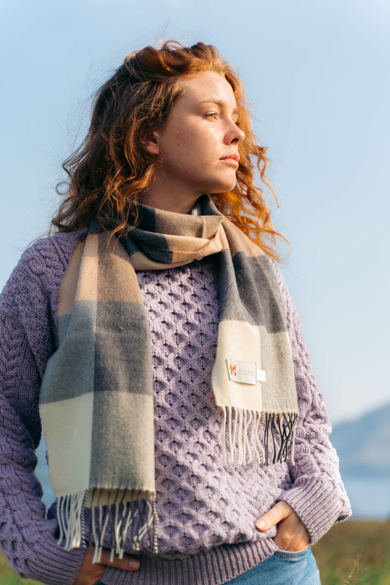 Fine Merino Check Scarf - Cream Grey Beige