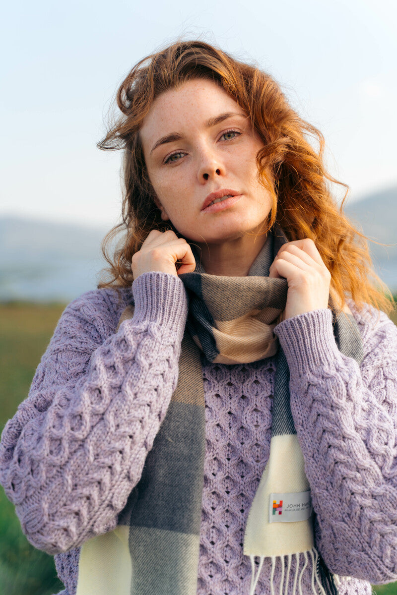 Fine Merino Check Scarf - Cream Grey Beige