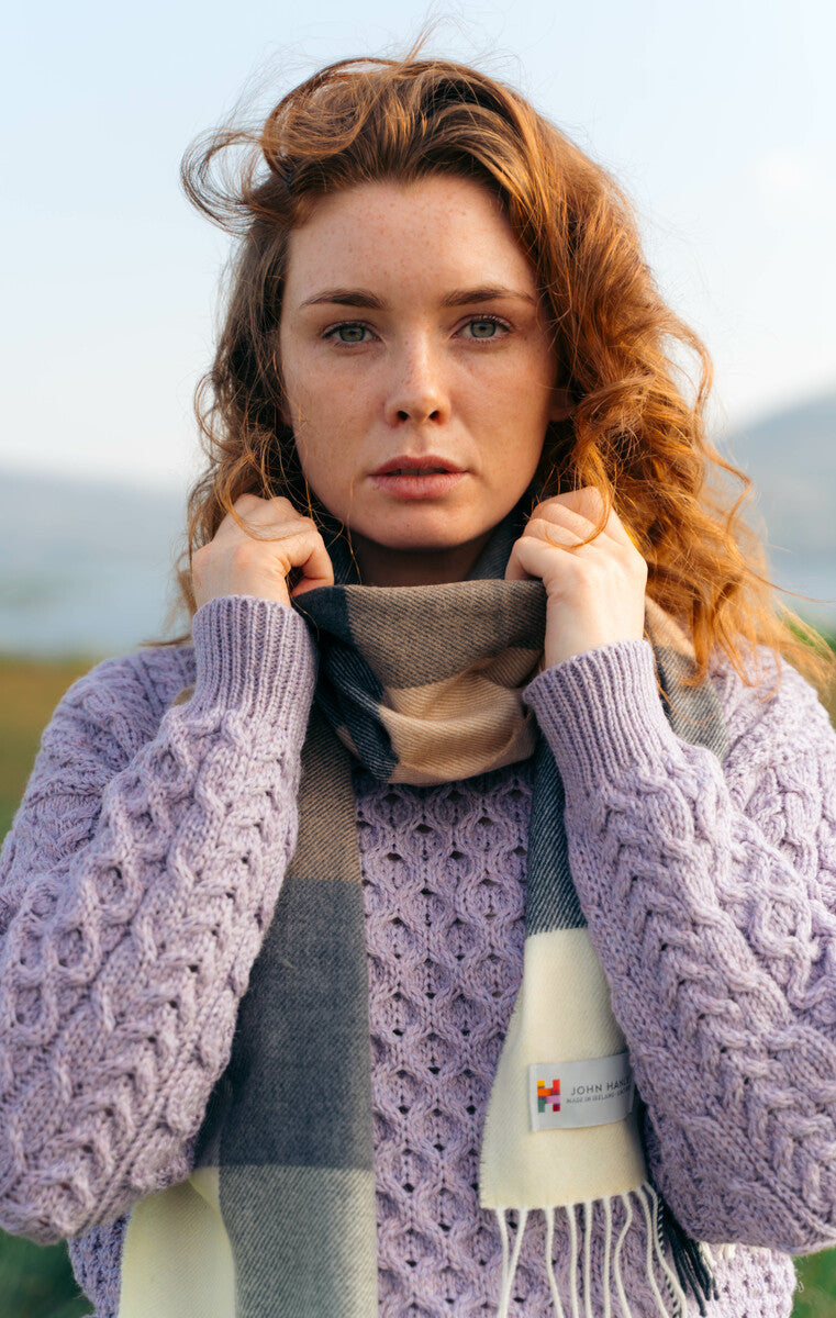 Fine Merino Check Scarf - Cream Grey Beige