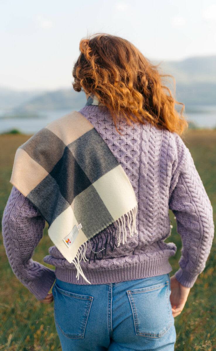 Fine Merino Check Scarf - Cream Grey Beige