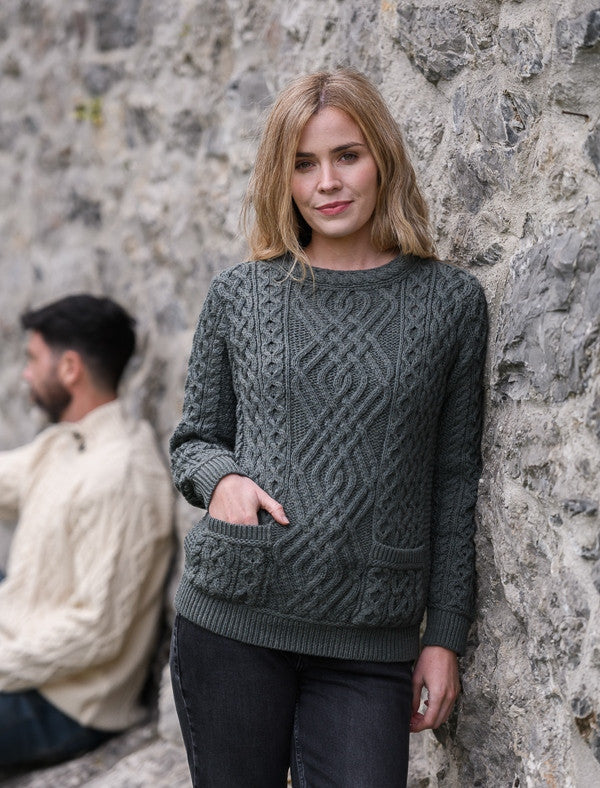 Cable Crew Neck Sweater with Pockets - 