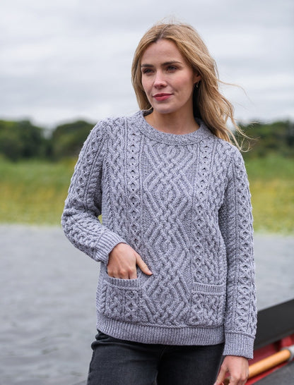 Cable Crew Neck Sweater with Pockets - 