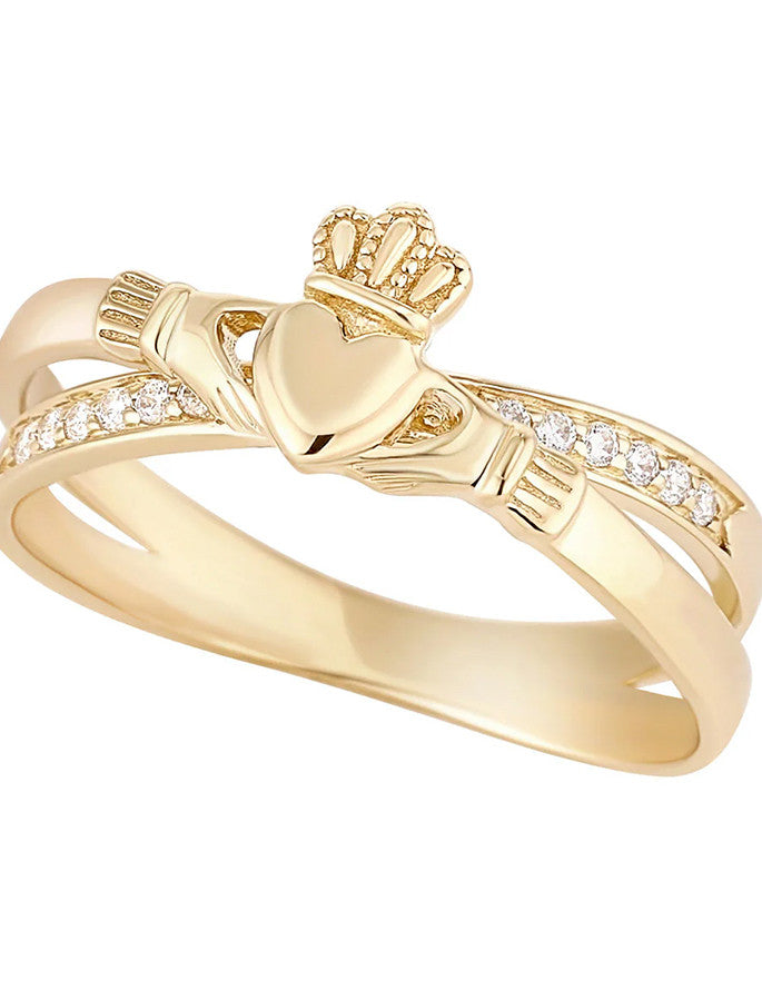 9k Gold CZ Claddagh Crossover Ring