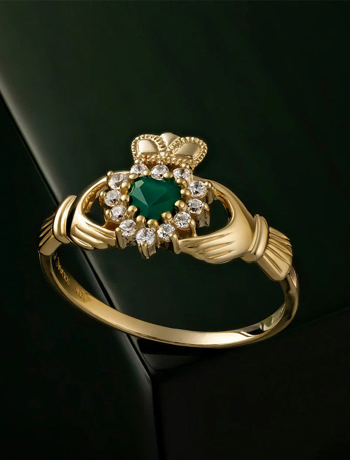 9K Gold Green Agate Claddagh Ring