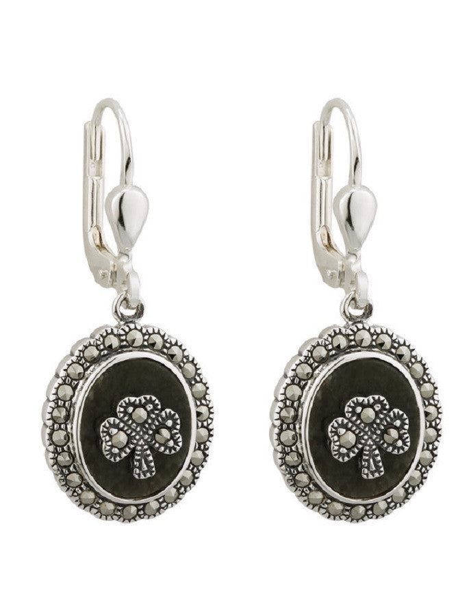 Marcasite Shamrock Connemara Marble Earrings