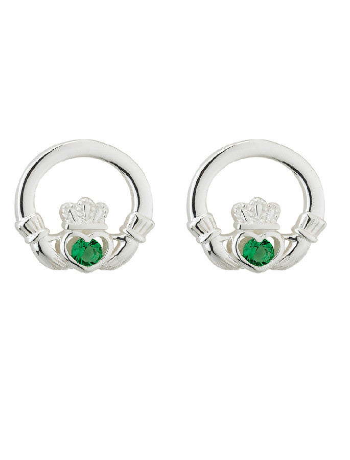Sterling Silver Green Crystal Claddagh Stud Earrings