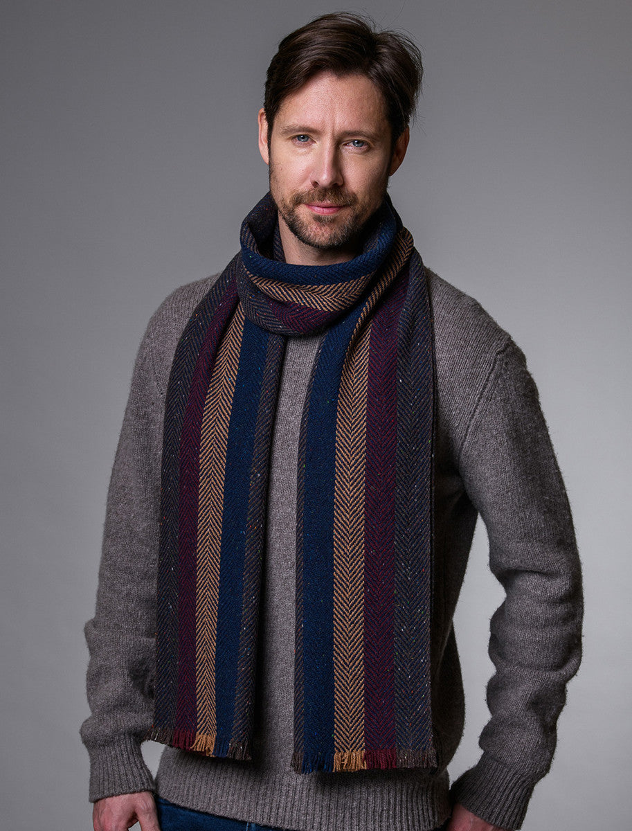 Soft Donegal Wool Scarf - Navy Beige &amp; Wine